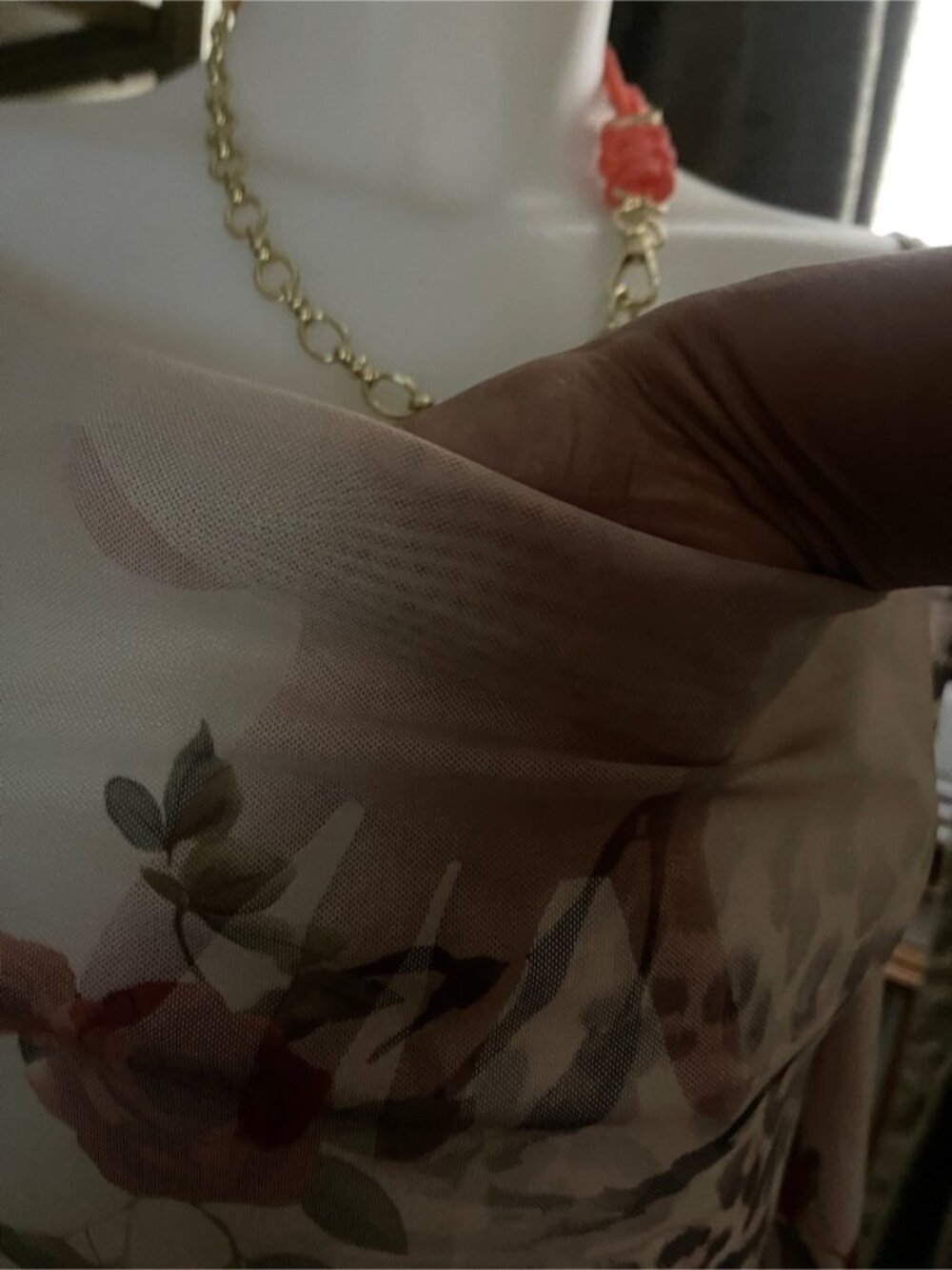 Y2K Floral Cheetah Print sheer Top Cold Shoulder Asymmetrical Lettuce Trim Shirt - Picture 7 of 7
